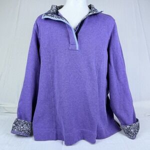 Orvis Women L 1/4 Zip Pullover Collared Sweater Long Sleeve Purple Floral Trim